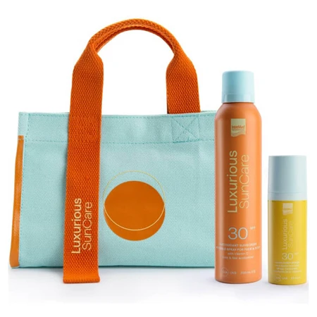 Pachet promoțional Luxurious SunCare cu Spray invizibil de protecție solară antioxidantă SPF30+ 200ml, Ser de protecție solară pentru față SPF30 50ml și geantă GRATUITĂ