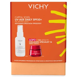 Vichy Promo Pack Capital Soleil UV-Age Dagelijkse Fluïde met Kleurlicht SPF50+ 40ml & GRATIS Liftactiv Collageen Specialist 16 Dagcrème 15ml