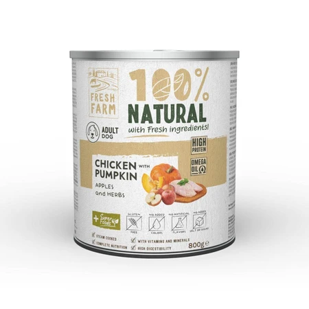FRESH FARM Coarse, XS-XL, Huhn und Kürbis, getreidefreies feuchtes Hundefutter in Dosen, (Pastete), 800g