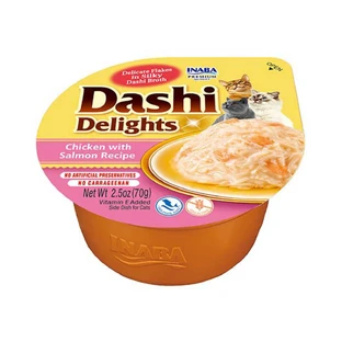 INABA Ciao Dashi, Poulet et Saumon, gamelle de croquettes pour chat sans céréales, (en sauce), 70g