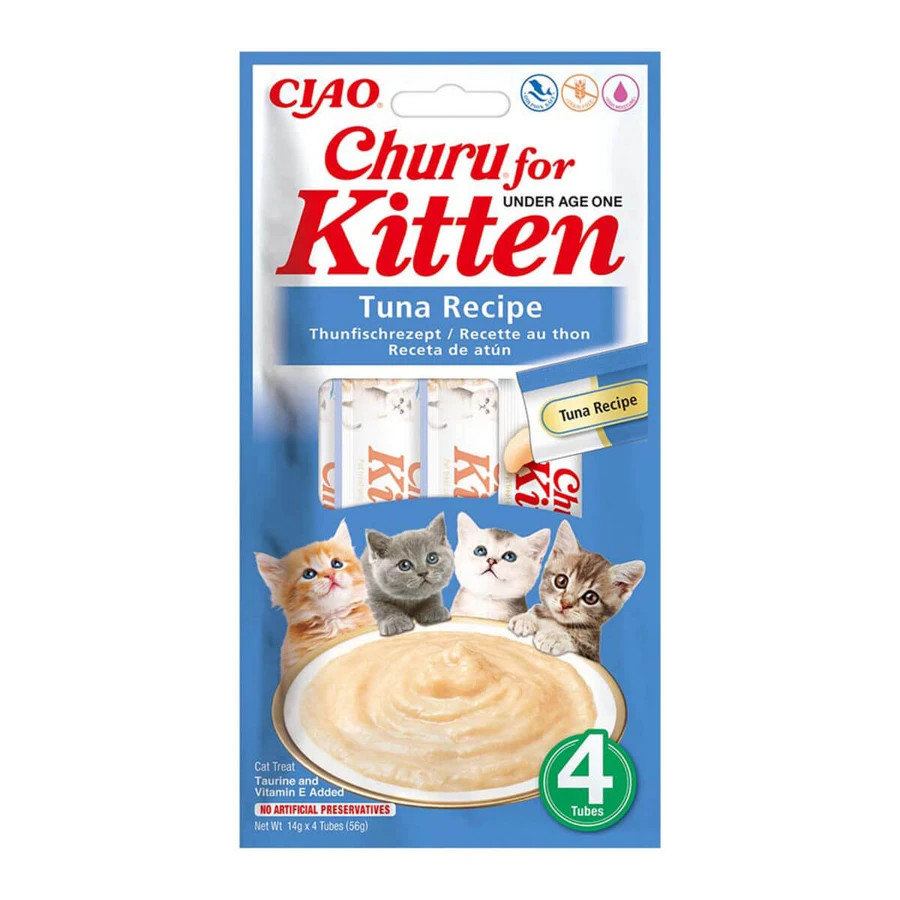 INABA Churu Kitten, Tonijn, zakje, tube, graanvrije beloningen junior katten, (puree), 56g