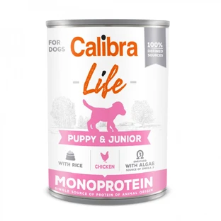 CALIBRA Life Puppy&Junior, XS-XL, Kip en Rijst, natvoer met enkelvoudig eiwit in blik voor jonge honden, (pate), 400g