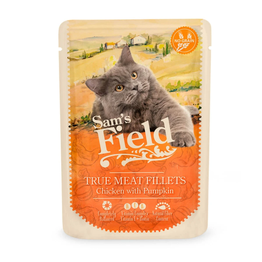 SAM'S FIELD True Meat Fillets, Chicken and Pumpkin, sachet grain-free wet cat food, (in sauce), 85g