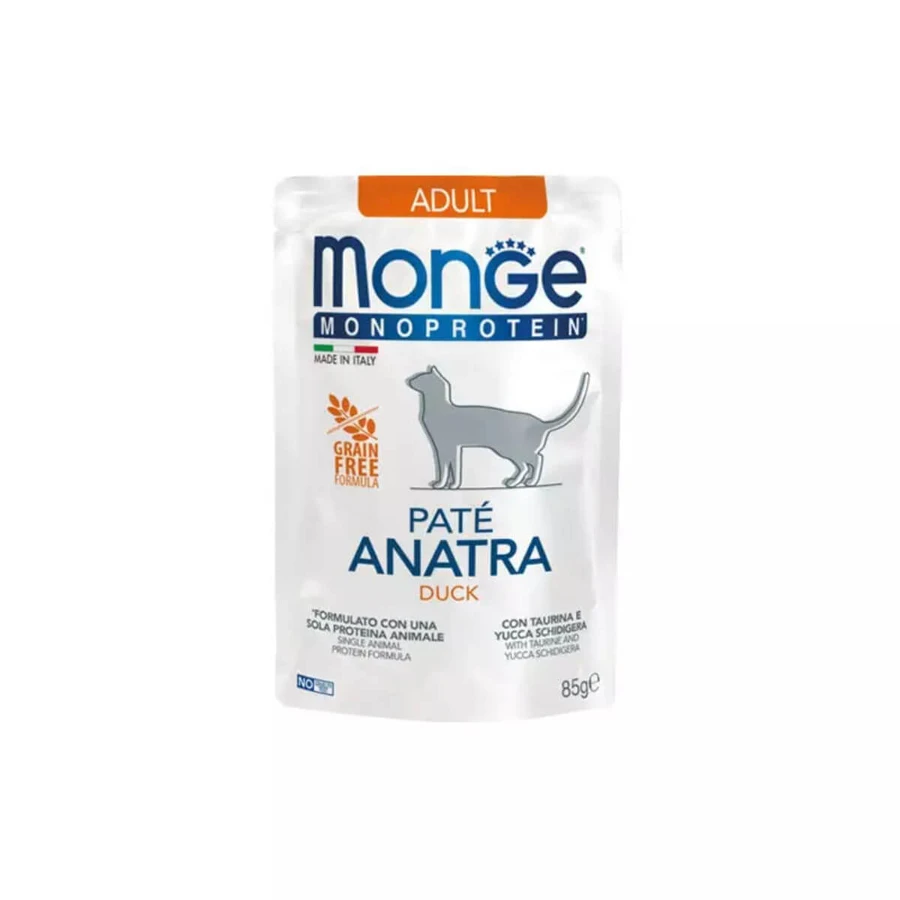 MONGE Monoprotein, Ente, Beutel mit einem Protein, getreidefreies Nassfutter für Katzen, (Pastete), 85g