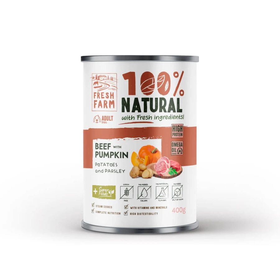 FRESH FARM Coarse, XS-XL, Boeuf et potiron, nourriture humide en conserve sans céréales pour chiens, (pâté), 400g