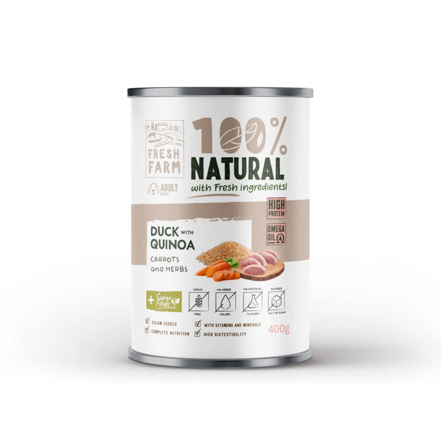 FRESH FARM Grof, XS-XL, Eend en Quinoa, graanvrij hondenvoer in blik, (pate), 400g
