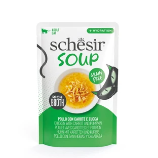 SCHESIR Sopa Complementaria, Pollo y Calabaza, sobre de comida húmeda, sin cereales, gatos, (en sopa), 40g