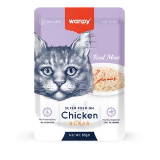 WANPY, Kip en Krab, nat kattenvoer zakje, (in aspic), 85g