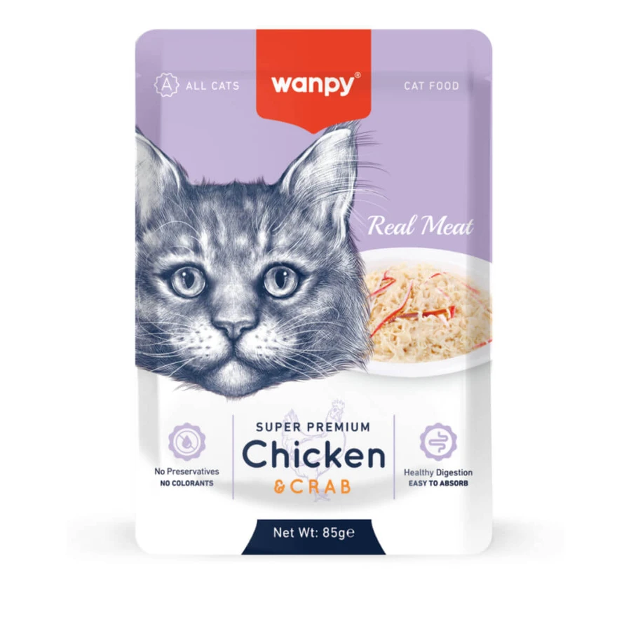WANPY, Kip en Krab, nat kattenvoer zakje, (in aspic), 85g