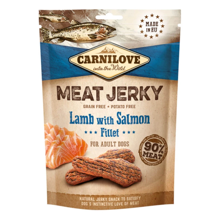 CARNILOVE Jerky, XS-XL, Miel y Salmón, bolsa de recompensa sin cereales perros, 100g