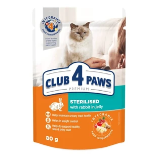 CLUB 4 PAWS Premium Sterilized, Conejo, sobre de comida húmeda para gatos esterilizados, (en aspic), 80g