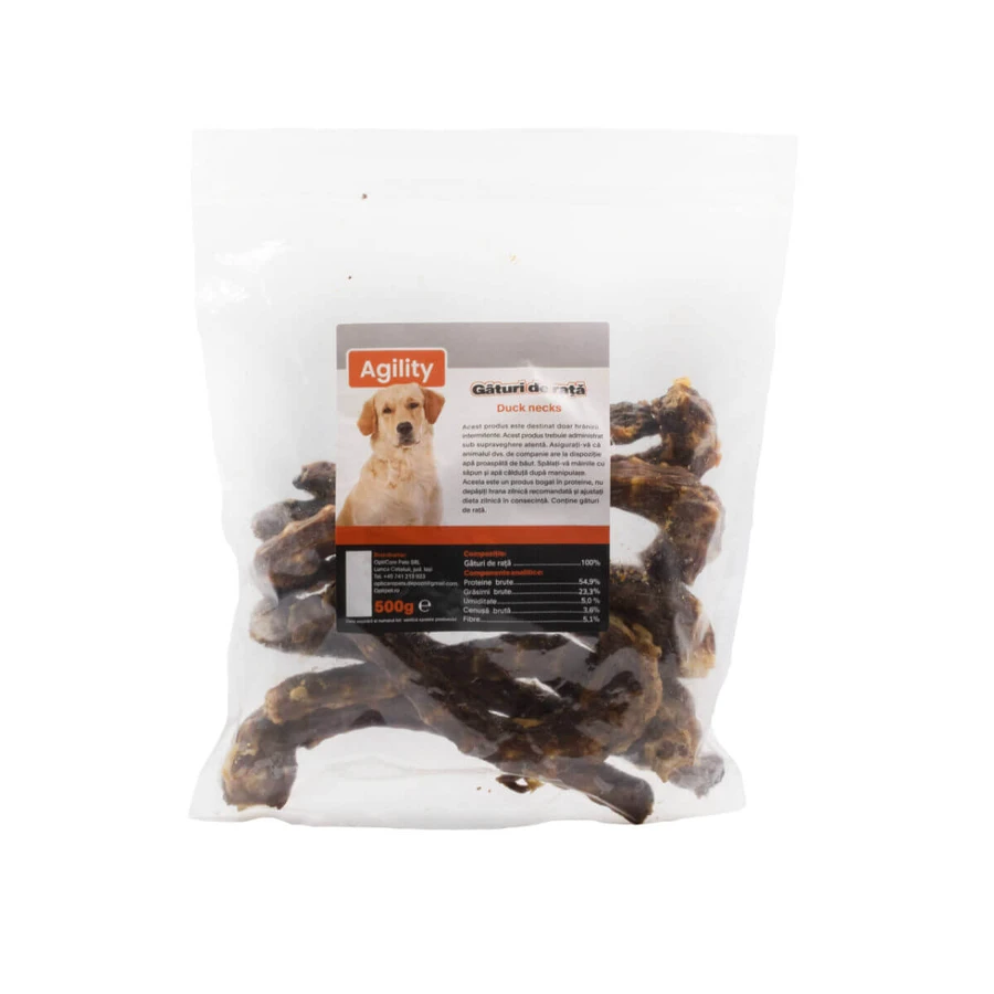 AGILITY Entenkehlchen, XS-XL, dehydrierte natürliche Belohnungsbeutel für Hunde, 500g