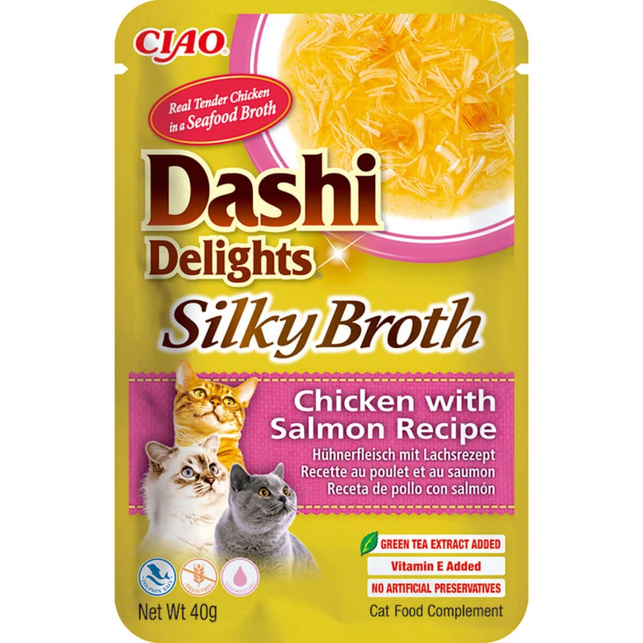 INABA Churu Dashi Delights Seidige Brühe, Huhn und Lachs, Beutel getreidefreies Katzenfeuchtfutter, (Topping), 40g