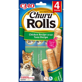 INABA Churu Rolls, Pollo y Atún, bolsa de recompensa para gatos sin cereales, semimalista, 40g