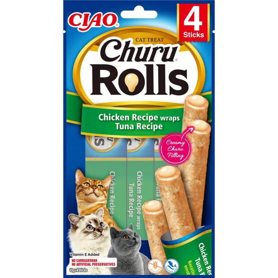 INABA Churu Rolls, Pollo y Atún, bolsa de recompensa para gatos sin cereales, semimalista, 40g