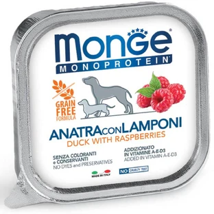 MONGE Monoprotein, XS-XL, canard et framboise, nourriture humide mono-protéine sans grain, (pâté), 150g