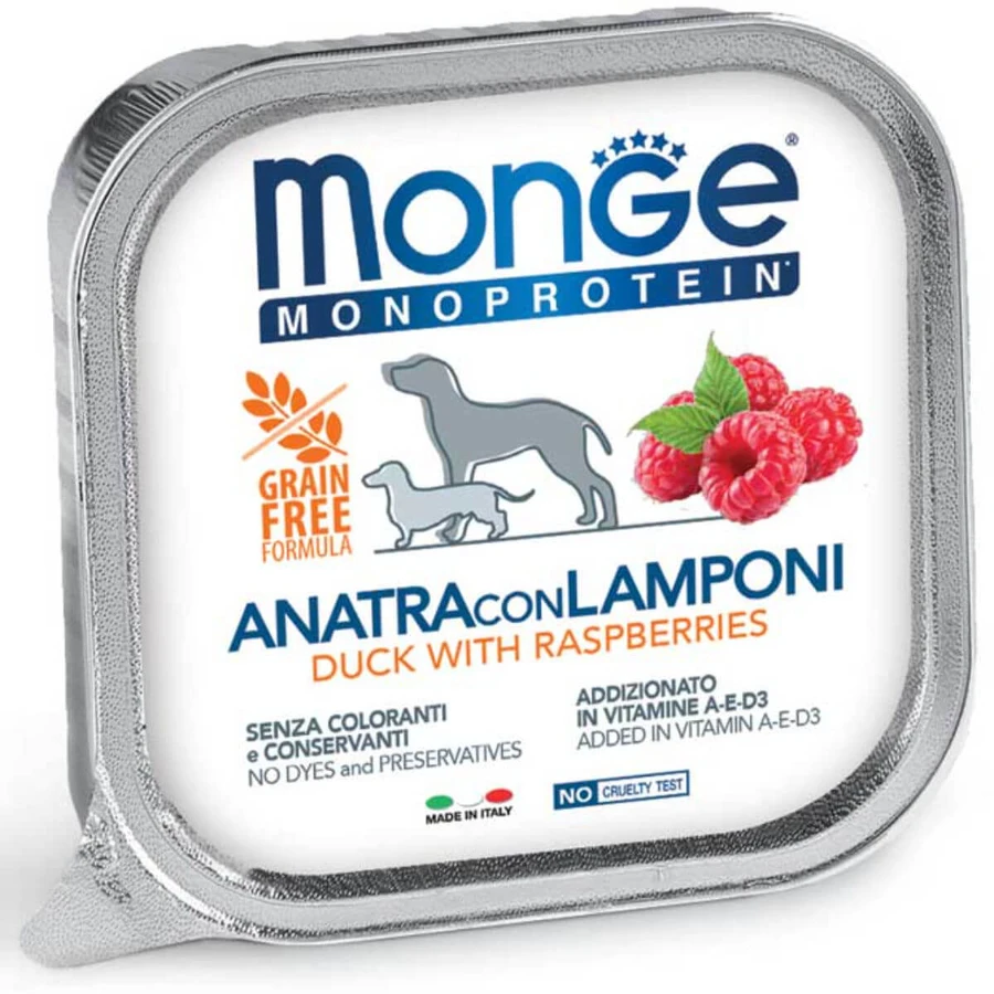 MONGE Monoprotein, XS-XL, canard et framboise, nourriture humide mono-protéine sans grain, (pâté), 150g