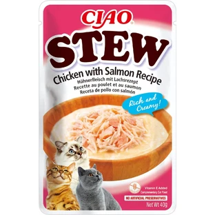 INABA Ciao Guiso, Salmón y Pollo, sobre de comida húmeda para gatos sin cereales, (en salsa), 40g