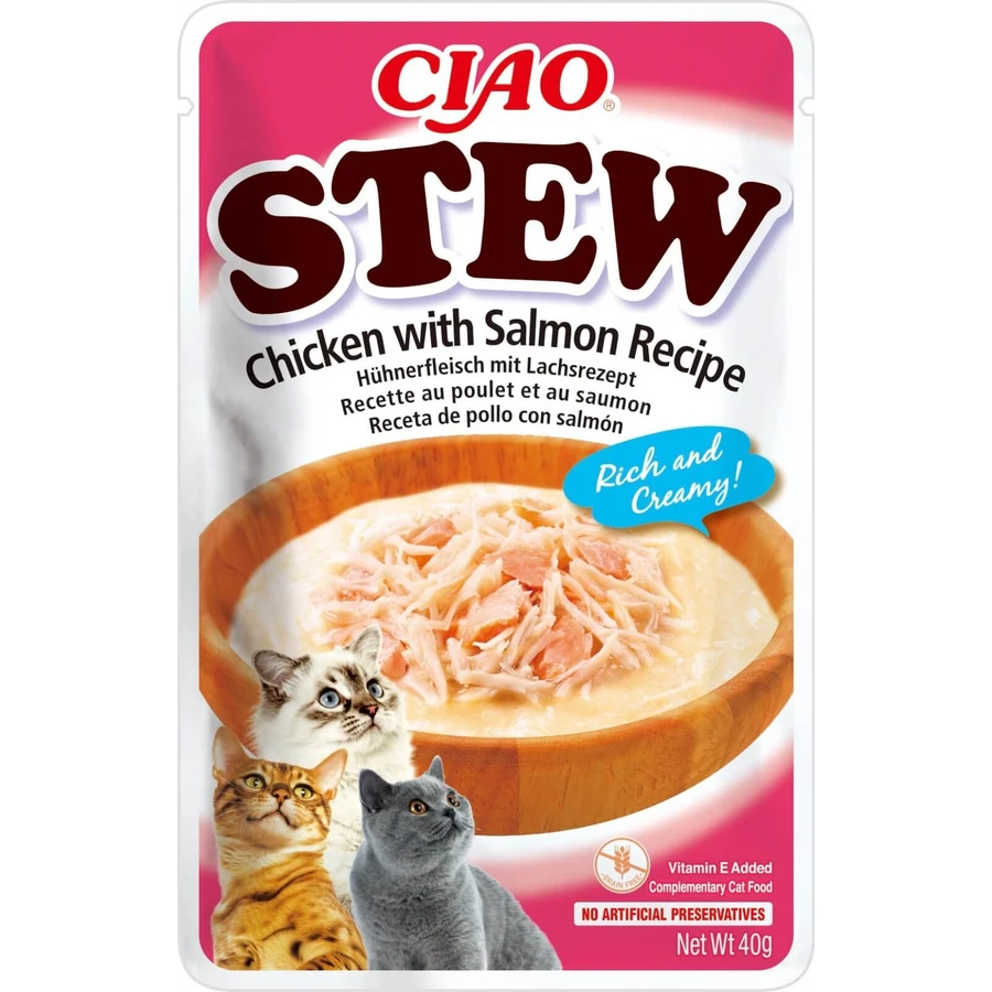 INABA Ciao Guiso, Salmón y Pollo, sobre de comida húmeda para gatos sin cereales, (en salsa), 40g