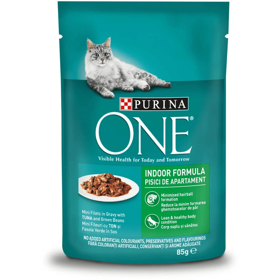 PURINA One Indoor, Tuna with Green Beans, sachet wet cat food, (in sauce), 85g