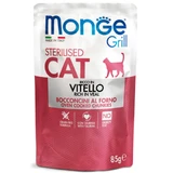 MONGE Grill Sterilized, Calf, sachet of wet food without cereals for sterilized cats, obese, fussy appetite, (in aspic), 85g