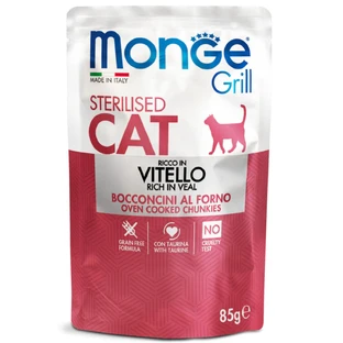 MONGE Grill Gesteriliseerd, Kalf, zakje natvoer zonder granen voor gesteriliseerde katten, zwaarlijvig, kieskeurige eetlust, (in aspic), 85g