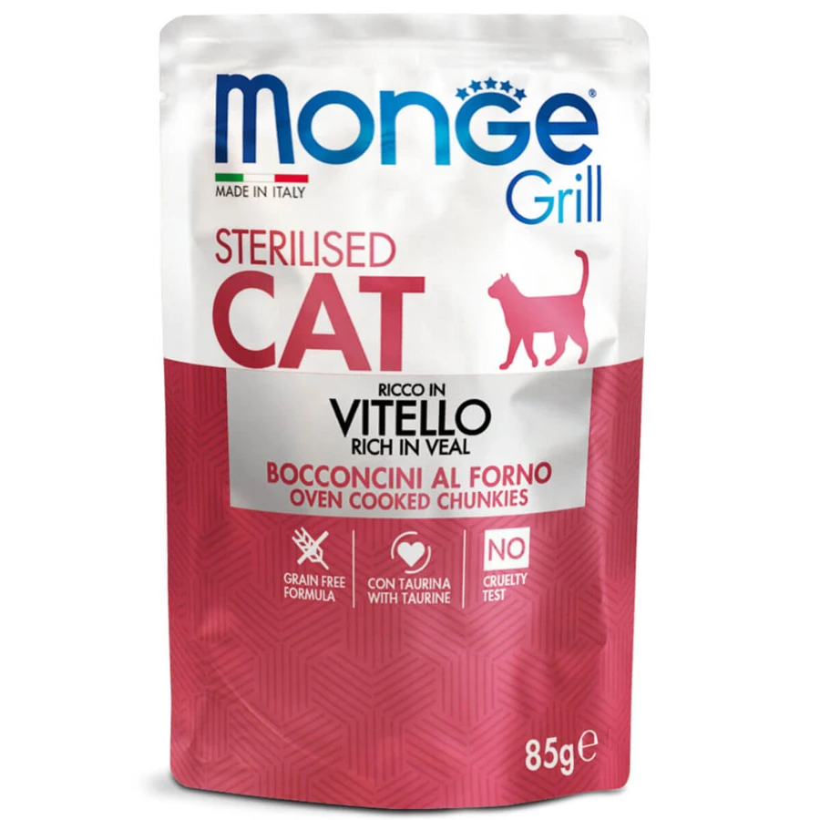 MONGE Grill Gesteriliseerd, Kalf, zakje natvoer zonder granen voor gesteriliseerde katten, zwaarlijvig, kieskeurige eetlust, (in aspic), 85g