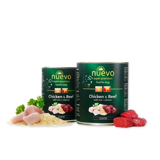 NUEVO Kip, Rund en Calcium, XS-XL, natvoer in blik voor jonge honden, (pate), 400g
