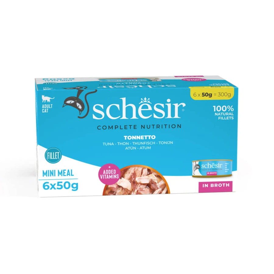 SCHESIR Complete Nutrition, Atún, comida húmeda en lata para gatos, (en sopa), multipack, 50g x 6pcs