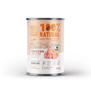 FRESH FARM Gulasch, XS-XL, Huhn, getreidefreies Nassfutter für Hunde in Dosen, (in Suppe), 400g