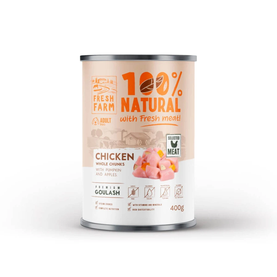 FRESH FARM Gulasch, XS-XL, Huhn, getreidefreies Nassfutter für Hunde in Dosen, (in Suppe), 400g