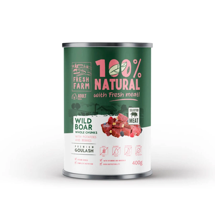 FRESH FARM Goulash, XS-XL, Jabalí, comida húmeda en lata sin cereales, (en sopa), 400g