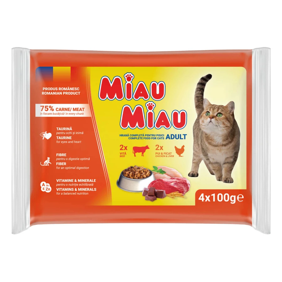 MIAU MIAU Mixed, Rind und Huhn, Sachet Nassfutter für Katzen, (in Sauce), Multipack, 100g x 4 Stk.