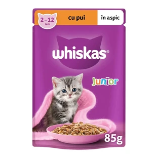 WHISKAS Junior, Poulet, sachet de nourriture humide pour chats juniors, (en aspic), 85g