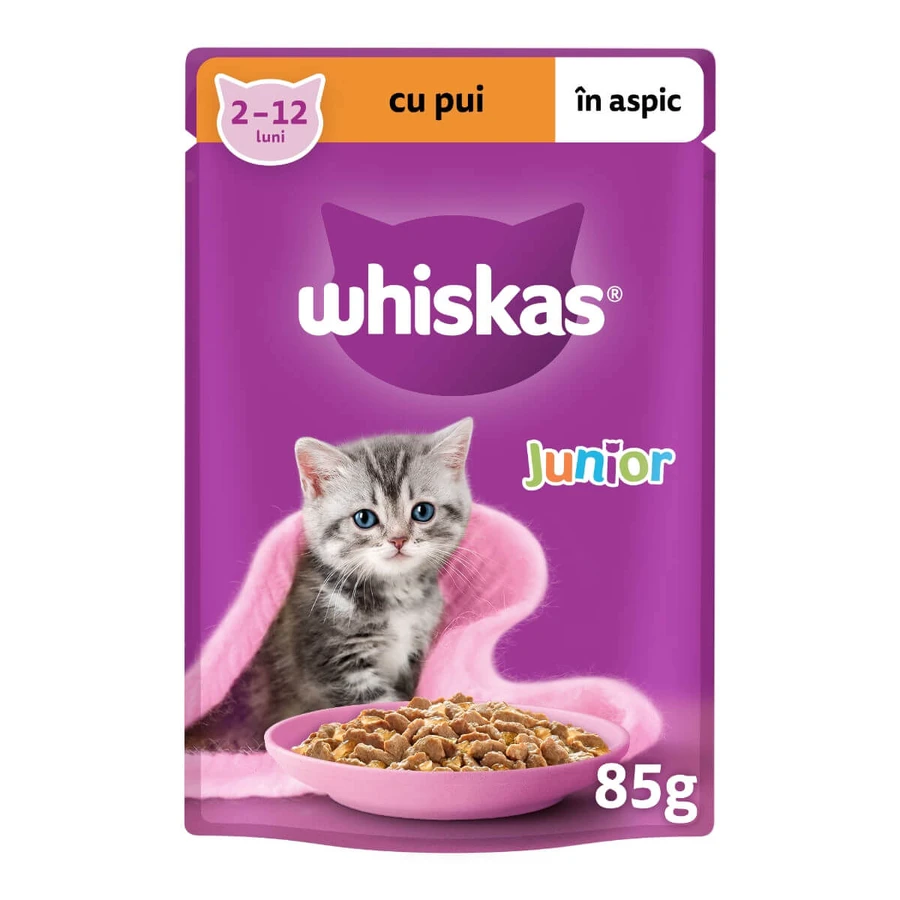 WHISKAS Junior, Poulet, sachet de nourriture humide pour chats juniors, (en aspic), 85g
