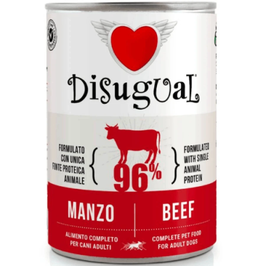 DISUGUAL Monoprotein, XS-XL, Carne de vacuno, comida húmeda en lata, sin cereales, para perros, (paté), 400g