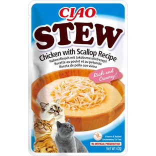 INABA Ciao Guiso, Pollo y Vieiras, sobre de comida húmeda para gatos sin cereales, (en salsa), 40g