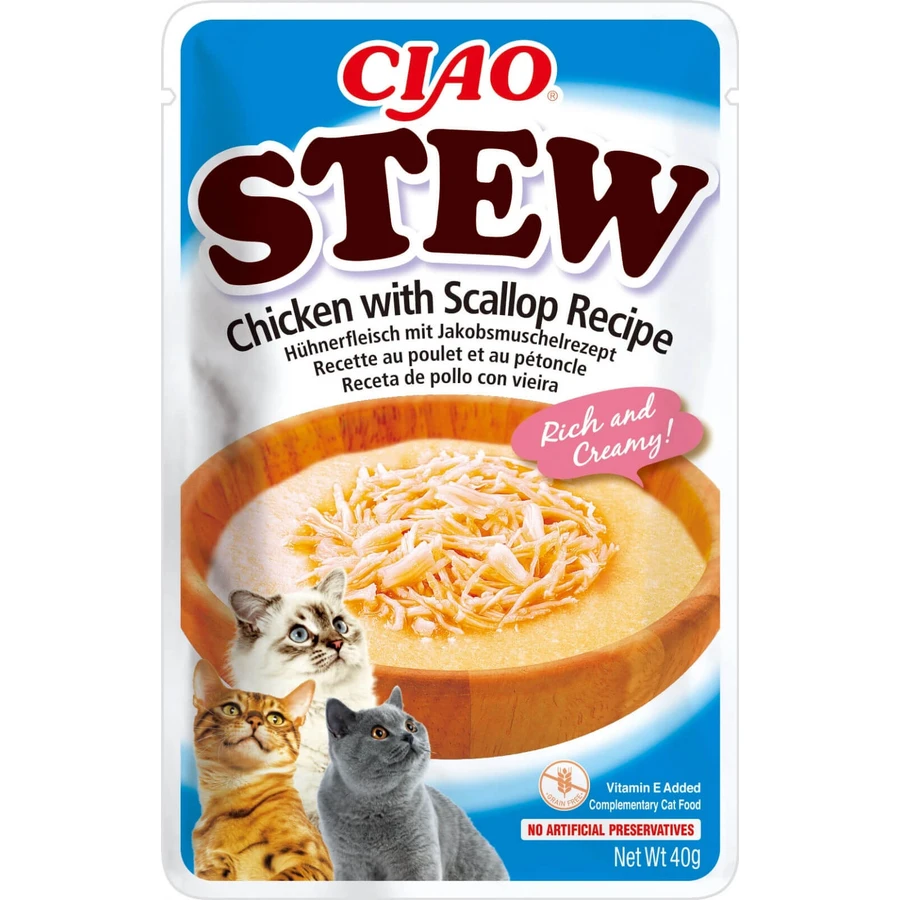 INABA Ciao Guiso, Pollo y Vieiras, sobre de comida húmeda para gatos sin cereales, (en salsa), 40g