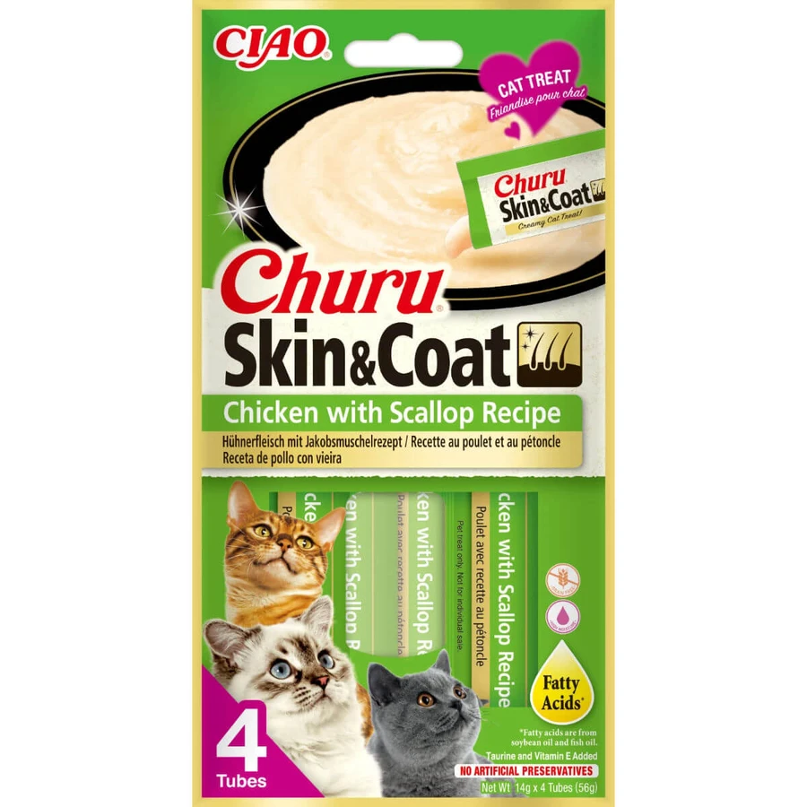 INABA Churu Churu Huid & Vacht, Kip & Sint-jakobsschelpen, zakje, graanvrije beloning tube katten, huid & vacht, (puree), 56g