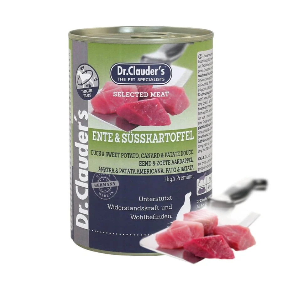 DR. CLAUDER'S Selected Meat, XS-XL, Eend en Zoete Aardappel, graanvrij hondenvoer in blik, (op eigen sap), 400g