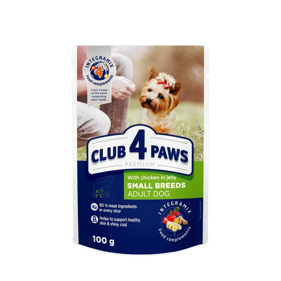 CLUB 4 PAWS Premium, XS-XL, Kip, zakje nat hondenvoer, (in aspic), 100g
