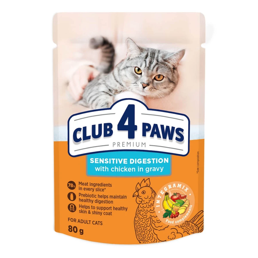 CLUB 4 PAWS Premium Sensitive Digestion, Kip, zakje nat kattenvoer, spijsverteringsstelsel, (in saus), 80g