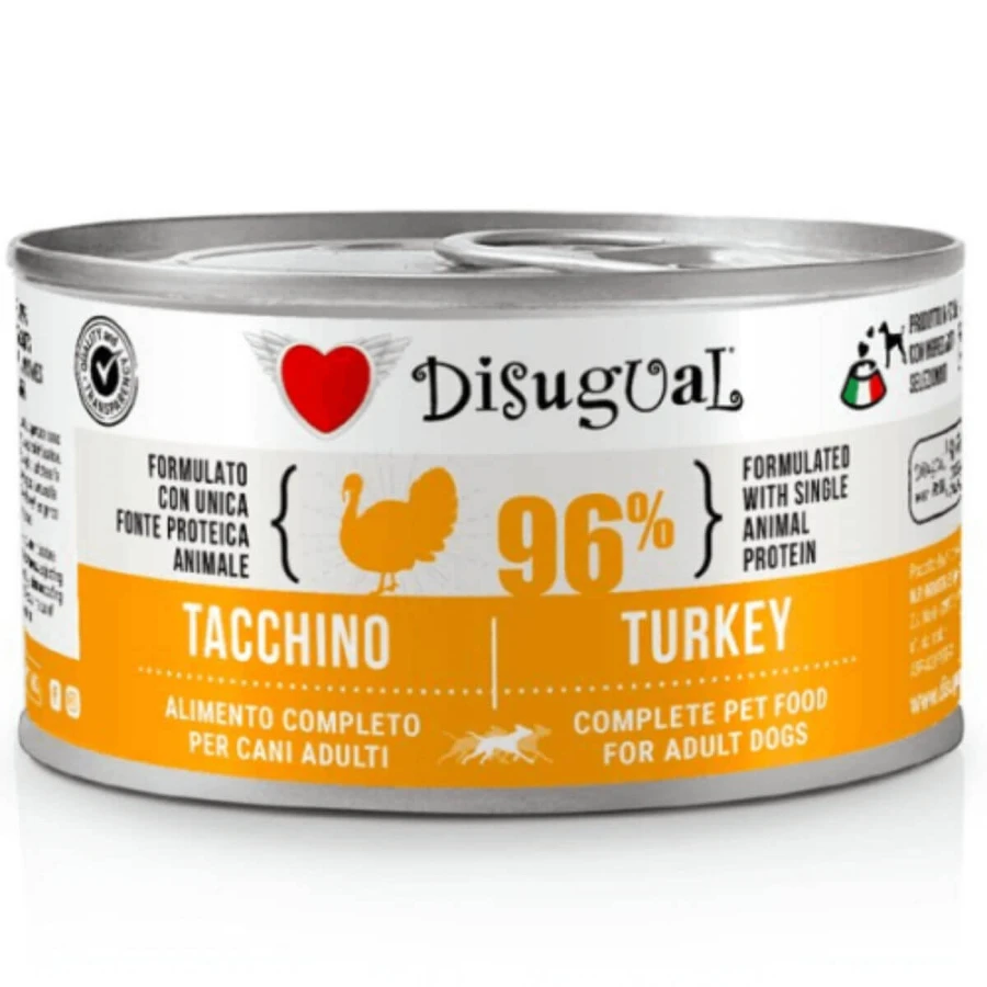 DISUGUAL Monoprotein, XS-XL, Turkey, nourriture humide en conserve sans céréales pour chiens, (pâté), 150g