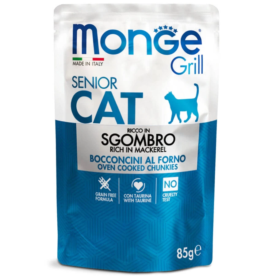 MONGE Grill Senior, Mackerel, sachet grain-free wet food for senior cats, (in aspic), 85g