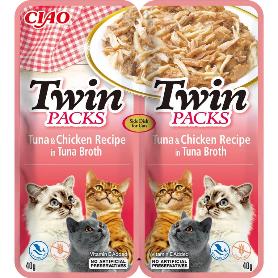 INABA Ciao Twin Packs, Tonijn en Kip, zakje vochtig, graanvrij kattenvoer, (topping), 80g
