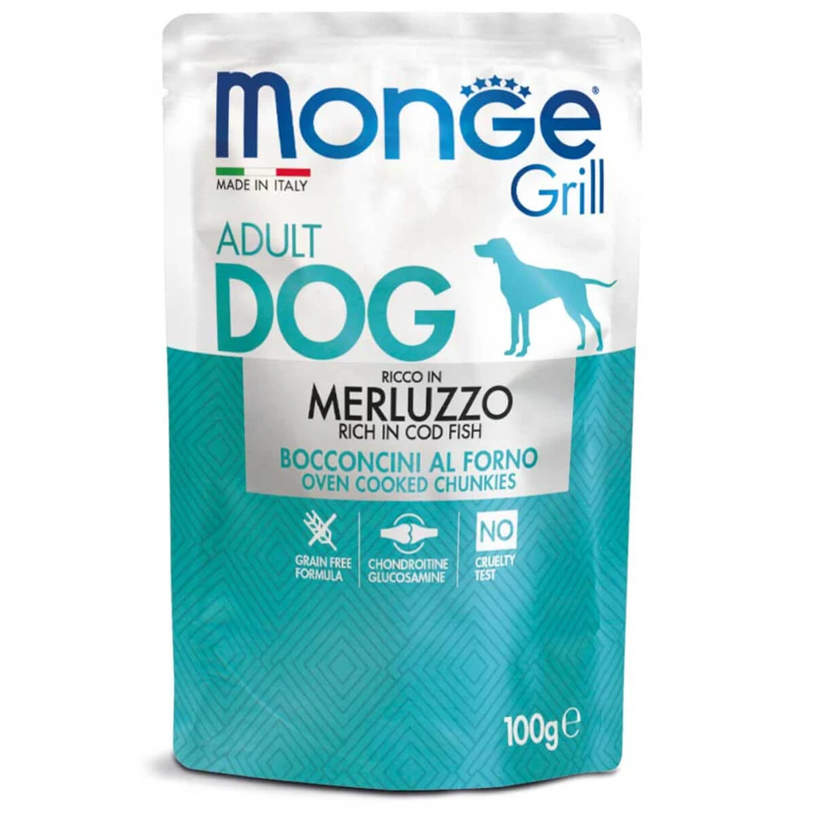 MONGE Grill, XS-XL, Morue, sachet de nourriture humide pour chiens, (dans son propre jus), 100g