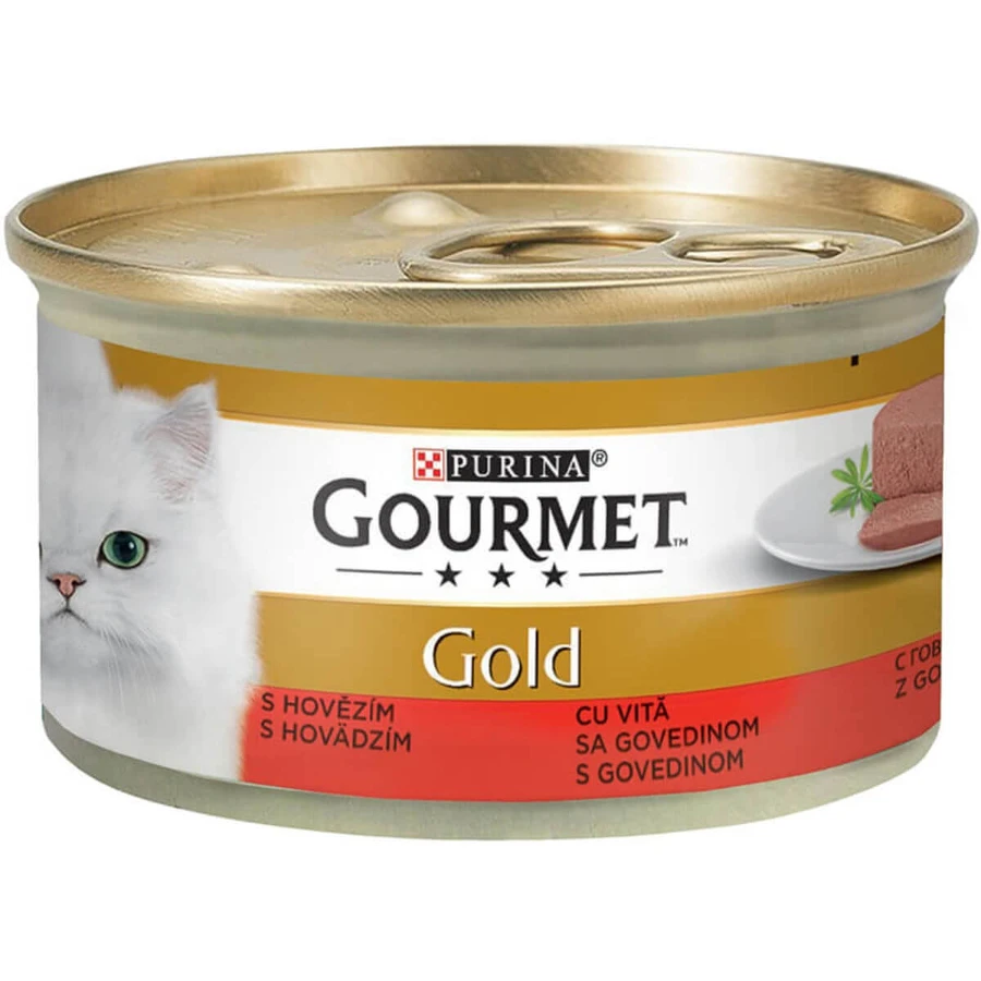 PURINA Gourmet Gold Mousse, Rundvlees, nat kattenvoer in blik, (pate), 85g