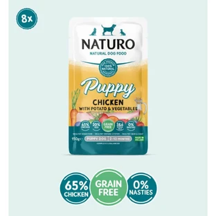 NATURO Puppy, XS-XL, Kip, zakje graanvrij natvoer voor jonge honden, (op eigen sap), 150g