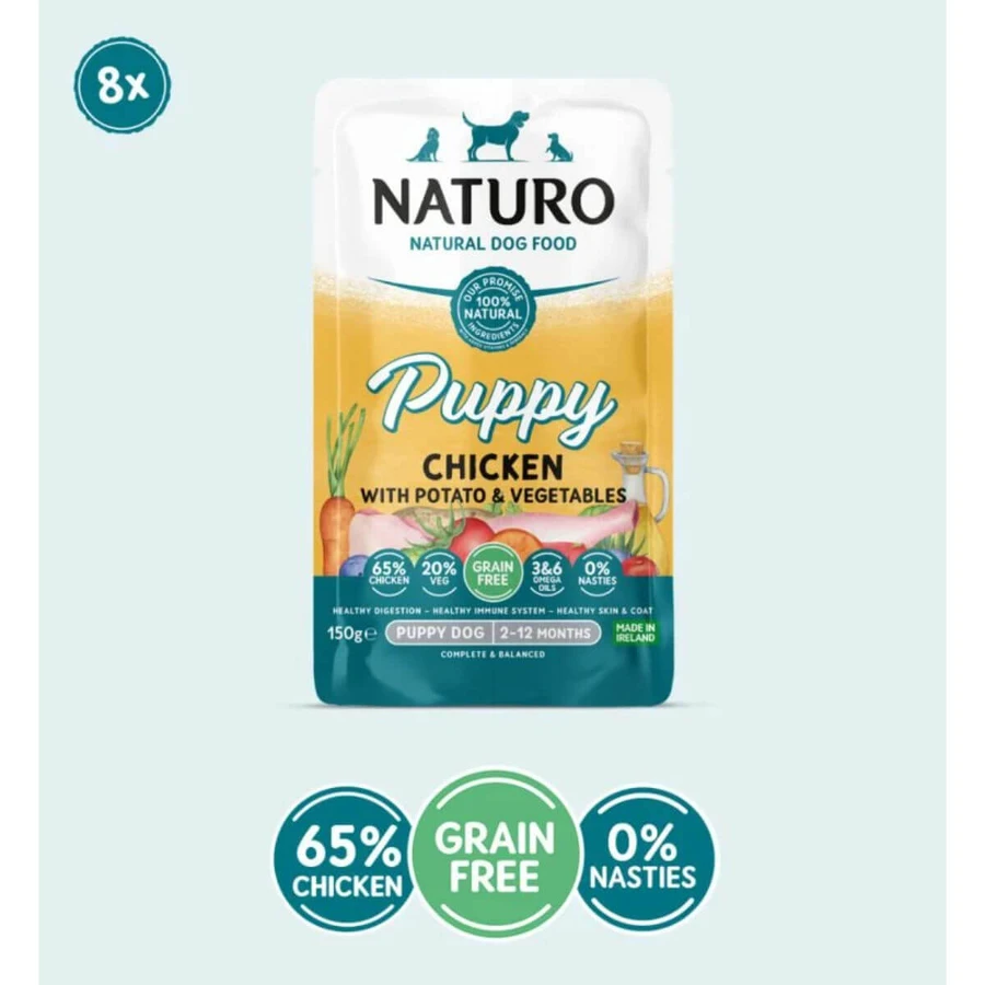 NATURO Puppy, XS-XL, Kip, zakje graanvrij natvoer voor jonge honden, (op eigen sap), 150g