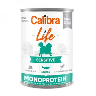 CALIBRA Life Sensitive, XS-XL, Salmón y Arroz, comida húmeda en lata, sin cereales, para perros, sistema digestivo, (paté), 400g